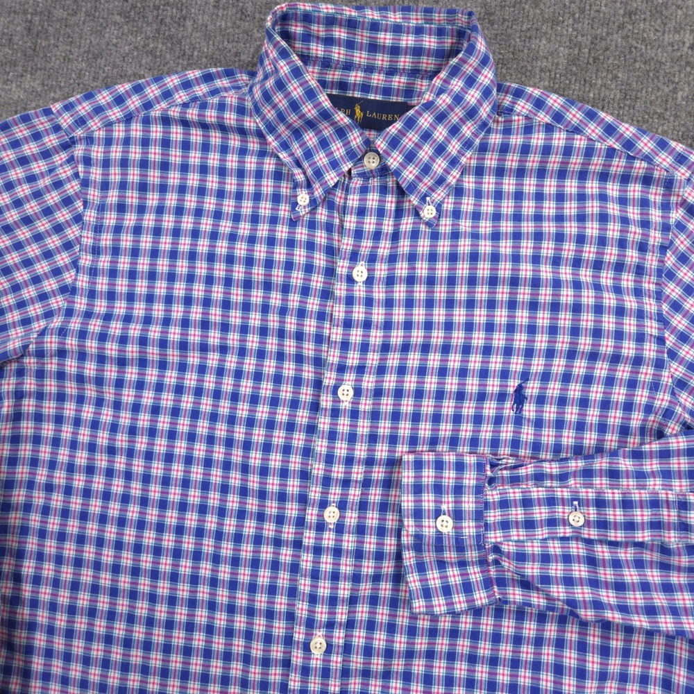 Ralph Lauren Oxford Shirt Mens M Blue Pink Plaid Pony Long Sleeve Button Down